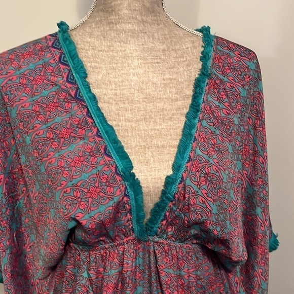 Patterned Maxi Dress in Red, teal and purple in size medium silk blend.  Fringe - Picture 2 of 15
